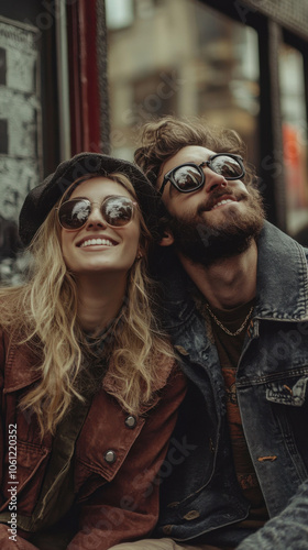 Photo of Happy Hipster Couple. Image is finalized with kodak vista colored Black Urban Lightroom Preset for Instagram.