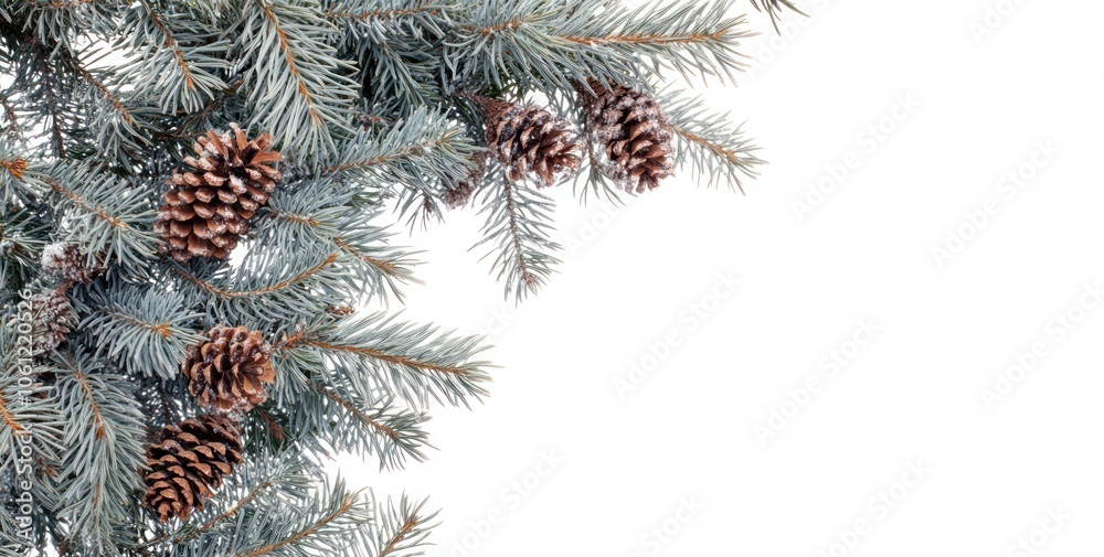 A close-up of evergreen branches with pinecones against a white background. A close-up of evergreen branches with pinecones against a white background.