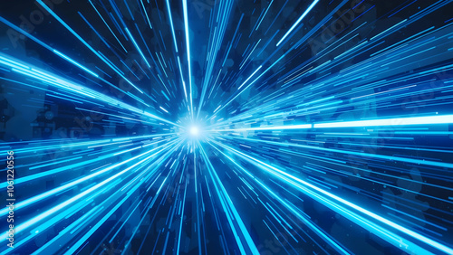 Vector Abstract, science, futuristic, energy technology concept. Digital image of light rays, stripes lines with blue light, speed and motion blur over dark blue background