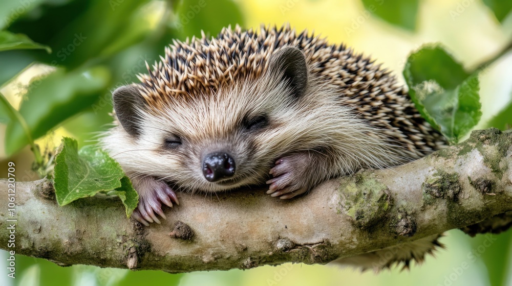 A hedgehog resting on a branch surrounded by leaves in a natural setting. A hedgehog resting on a branch surrounded by leaves in a natural setting.