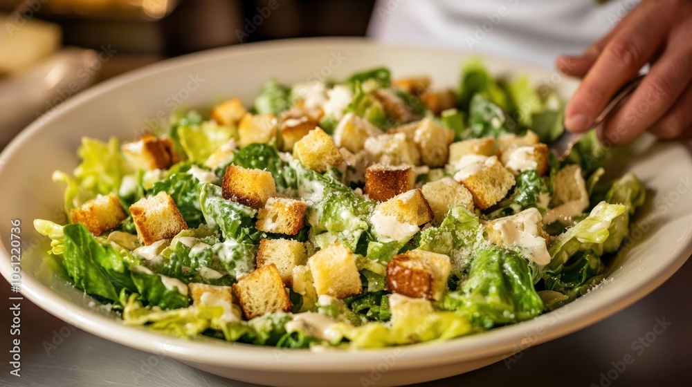 A fresh Caesar salad topped with croutons and creamy dressing, ready to be served. A fresh Caesar salad topped with croutons and creamy dressing, ready to be served.