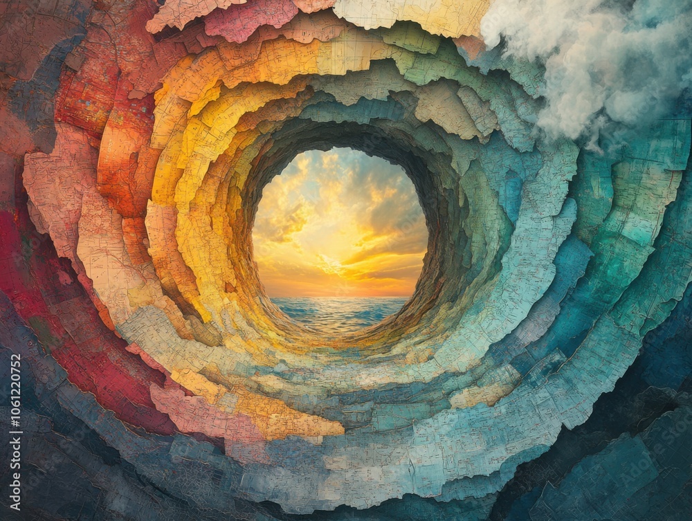 Painting of a colorful spiral of clouds and water, travel Painting of a colorful spiral of clouds and water, travel