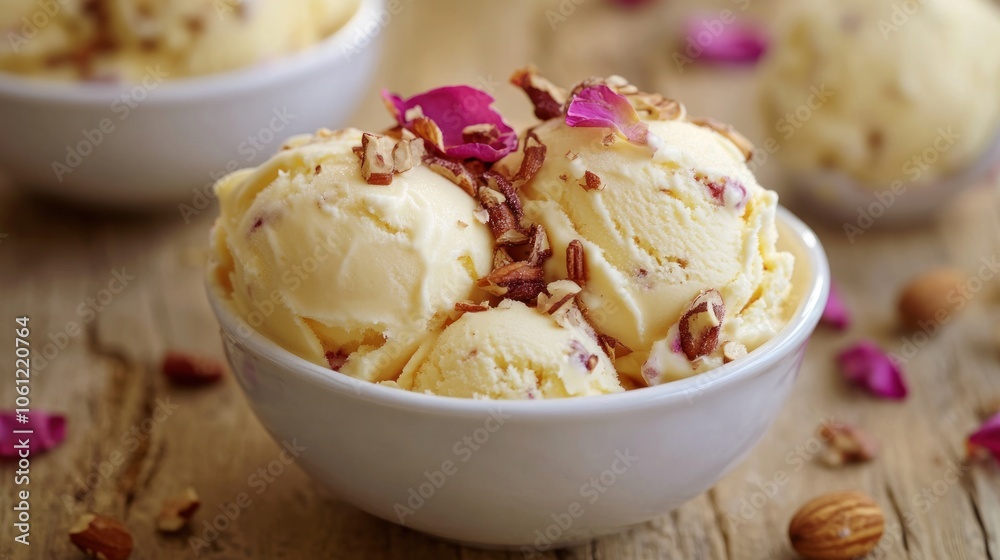 A bowl of creamy ice cream topped with nuts and rose petals, evoking a delightful dessert experience. A bowl of creamy ice cream topped with nuts and rose petals, evoking a delightful dessert experience.