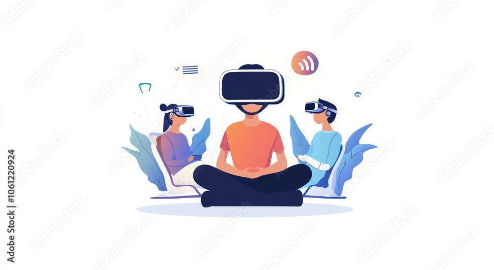 A group of people engaging in virtual reality experiences. A group of people engaging in virtual reality experiences.