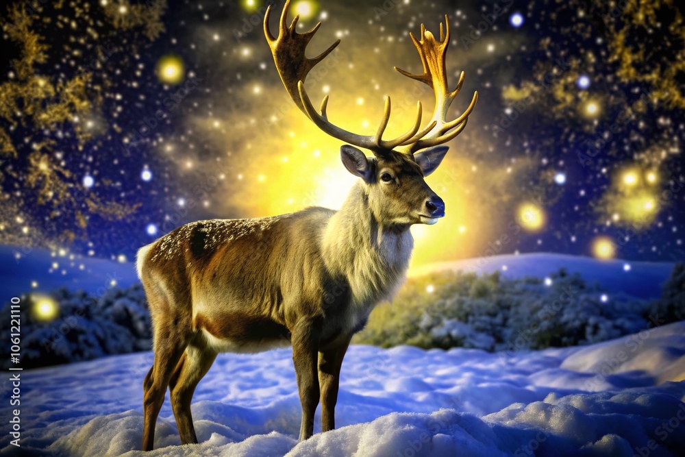 Majestic Reindeer in a Snowy Landscape with Soft Golden Light and Falling Snowflakes - Surreal Winter Scene Majestic Reindeer in a Snowy Landscape with Soft Golden Light and Falling Snowflakes - Surreal Winter Scene