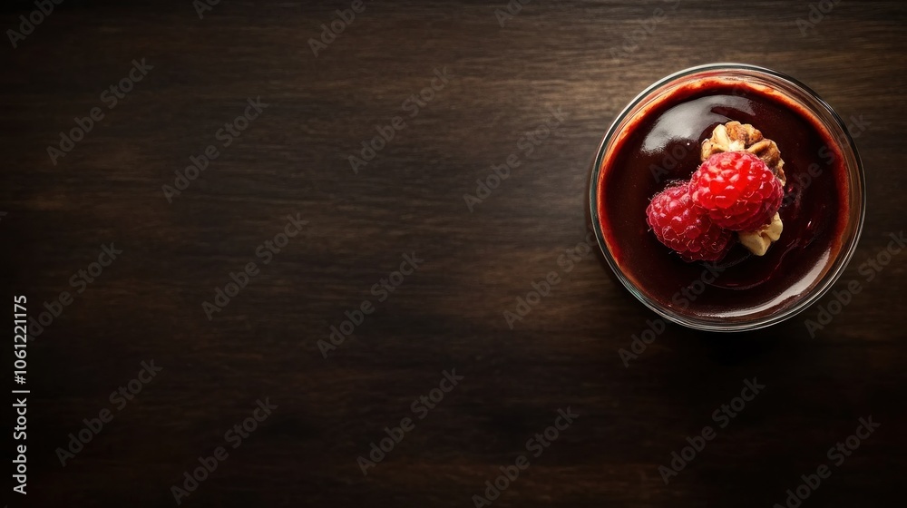 A dessert in a glass topped with raspberries on a wooden surface. A dessert in a glass topped with raspberries on a wooden surface.