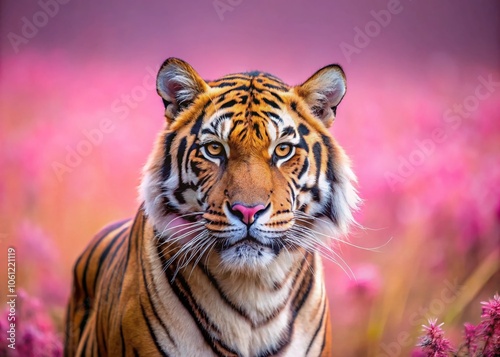 Majestic Royal Tiger in P T Corbetti Habitat, Isolated on Pink Background, Intently Staring at Prey - Captivating Hunter Concept in Panoramic Photography photo