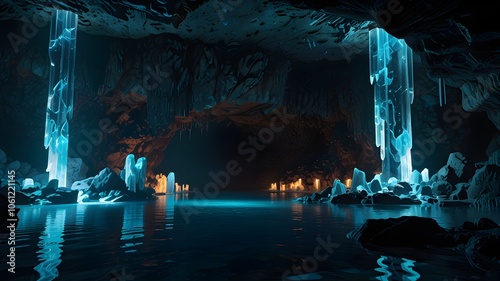 A serene cave featuring shimmering water and colorful lights illuminating the rocky walls