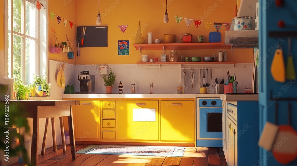 A bright, cheerful kitchen with yellow accents and natural light.