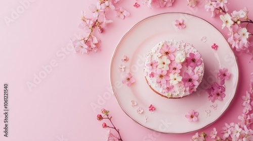 A beautifully decorated cake topped with pink flowers on a pastel pink background.