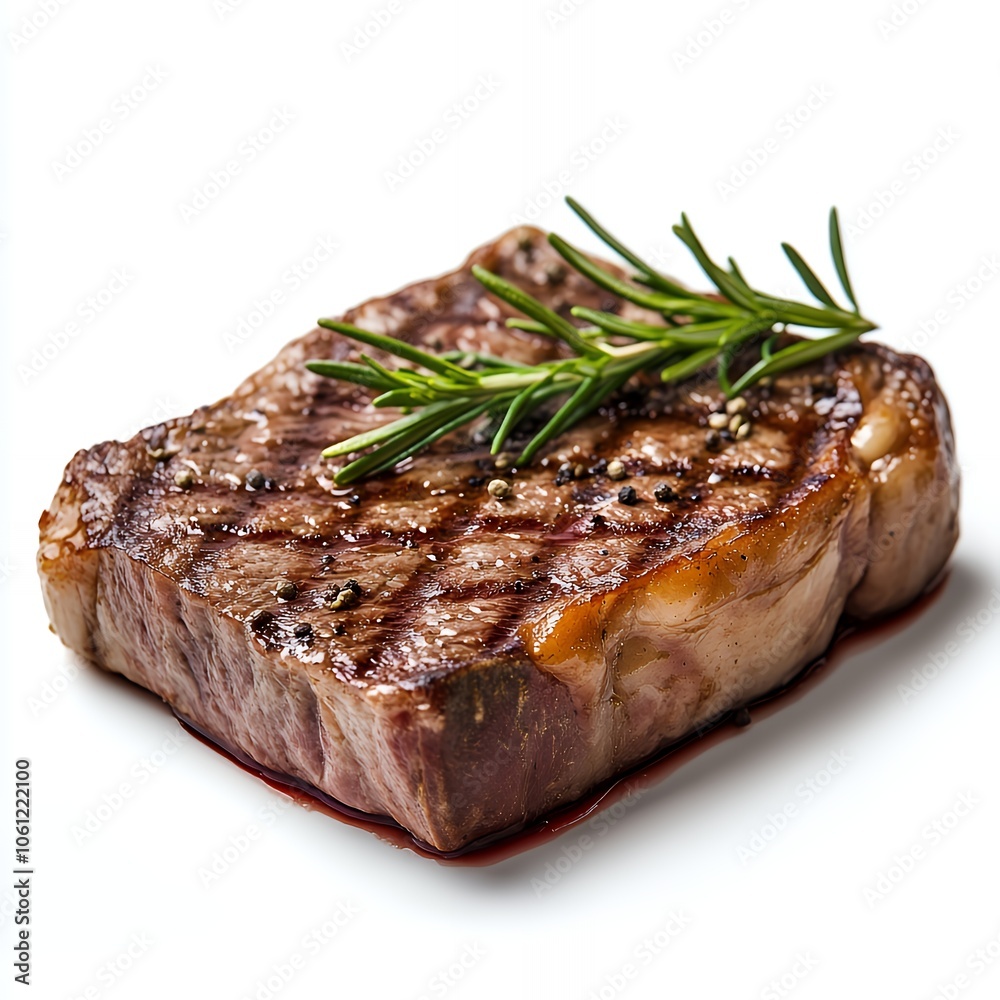 Grilled steak with rosemary sprig on white background. Grilled steak with rosemary sprig on white background.