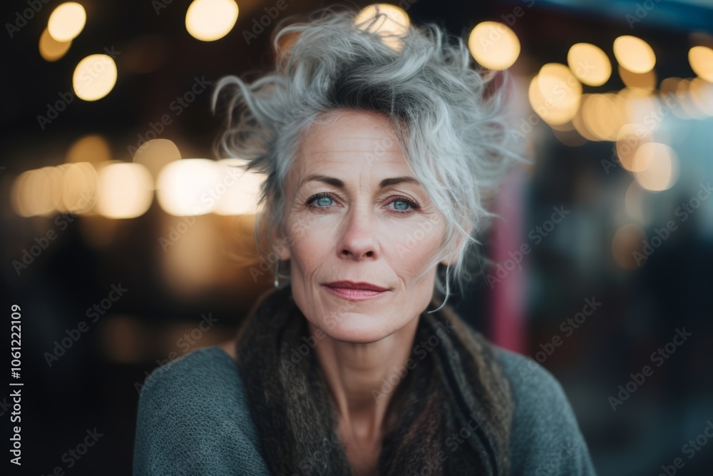 Portrait of mature woman with grey hair on blurred background in cafe Portrait of mature woman with grey hair on blurred background in cafe