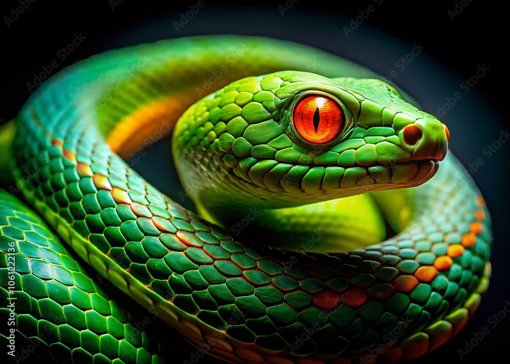 Minimalist Green Snake with Neon Glow and Orange Eyes Curled into a Ring - Stunning Wildlife Photography, Serpent Art, Nature Aesthetics, Abstract Reptile Imagery Minimalist Green Snake with Neon Glow and Orange Eyes Curled into a Ring - Stunning Wildlife Photography, Serpent Art, Nature Aesthetics, Abstract Reptile Imagery