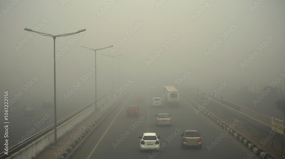 Hazy Commute: Vehicles Navigating Through Thick Fog on a City Road Hazy Commute: Vehicles Navigating Through Thick Fog on a City Road