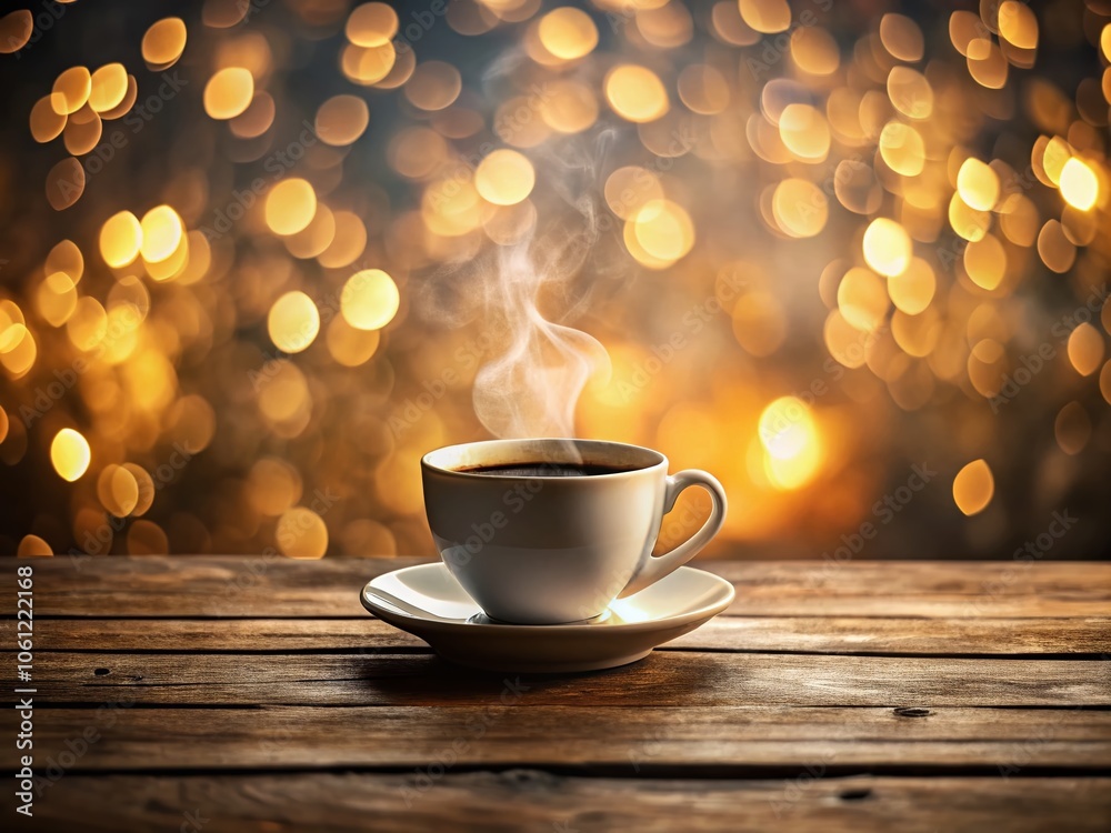 Obraz premium Minimalist Hot Coffee Cup on Wooden Table with Blurred Bokeh Background for Cozy Vibes and Warmth, Perfect for Coffee Lovers and Minimalist Aesthetics