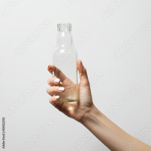 Hand of person holding glass bottle with white background