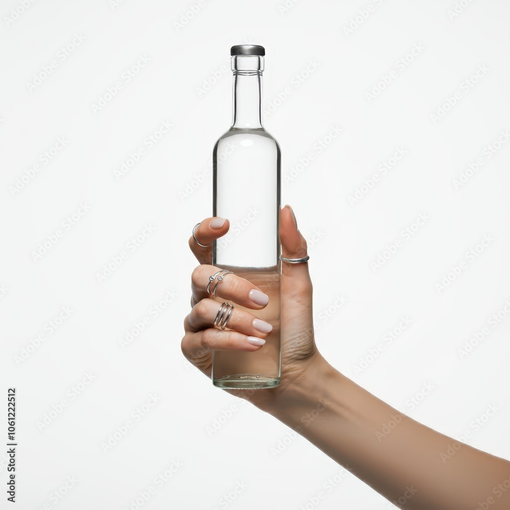 Hand of person holding glass bottle with white background Hand of person holding glass bottle with white background