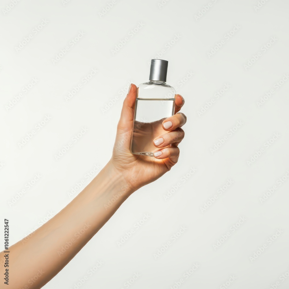 Hand of person holding glass bottle with white background Hand of person holding glass bottle with white background