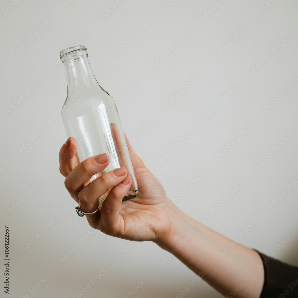 Hand of person holding glass bottle with white background Hand of person holding glass bottle with white background