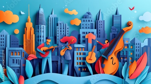 Colorful illustration of musicians performing against a city skyline backdrop.