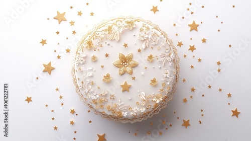 A beautifully decorated cake adorned with gold stars and floral details for a celebration.