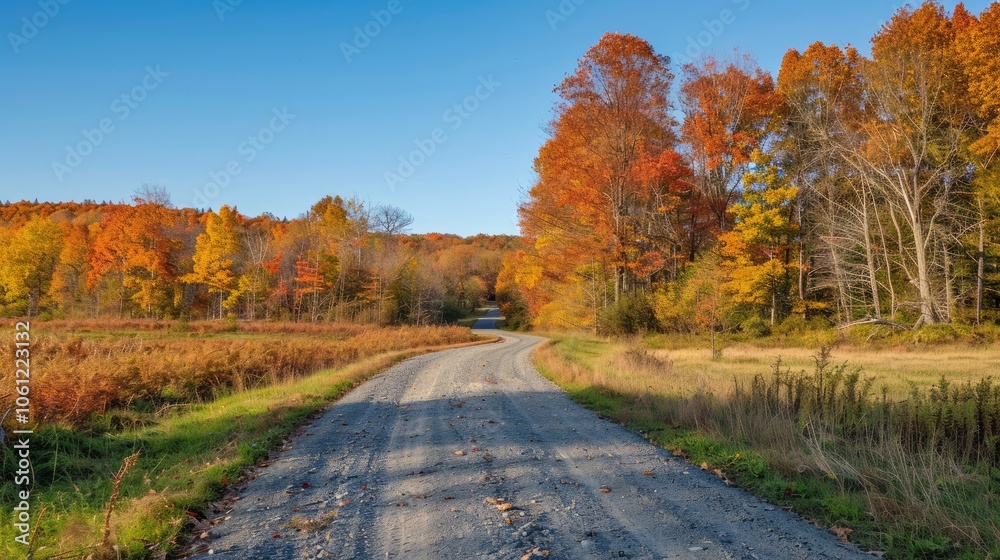 Desolate rural path through fall foliage under clear sky Desolate rural path through fall foliage under clear sky