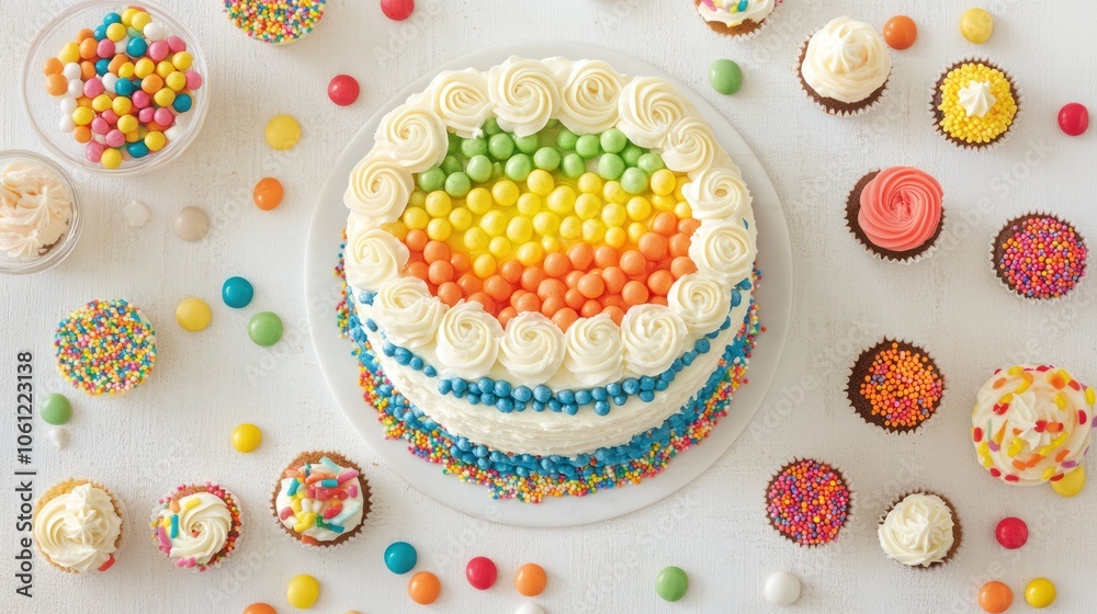 A colorful cake surrounded by various candies and cupcakes, perfect for celebrations. A colorful cake surrounded by various candies and cupcakes, perfect for celebrations.