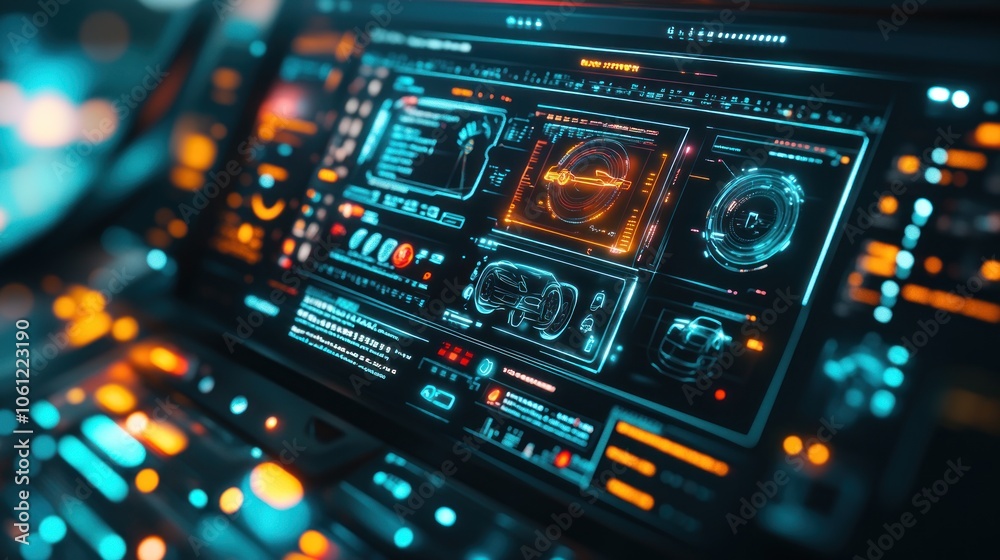 Futuristic control panel displaying data and graphics for advanced technology systems. Futuristic control panel displaying data and graphics for advanced technology systems.