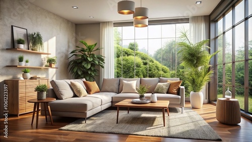 Modern Living Room Interior with Cozy Sofa and Air Purifier - Stylish Home Decor, Minimalist Design, Comfort, and Clean Air for Relaxation and Wellness