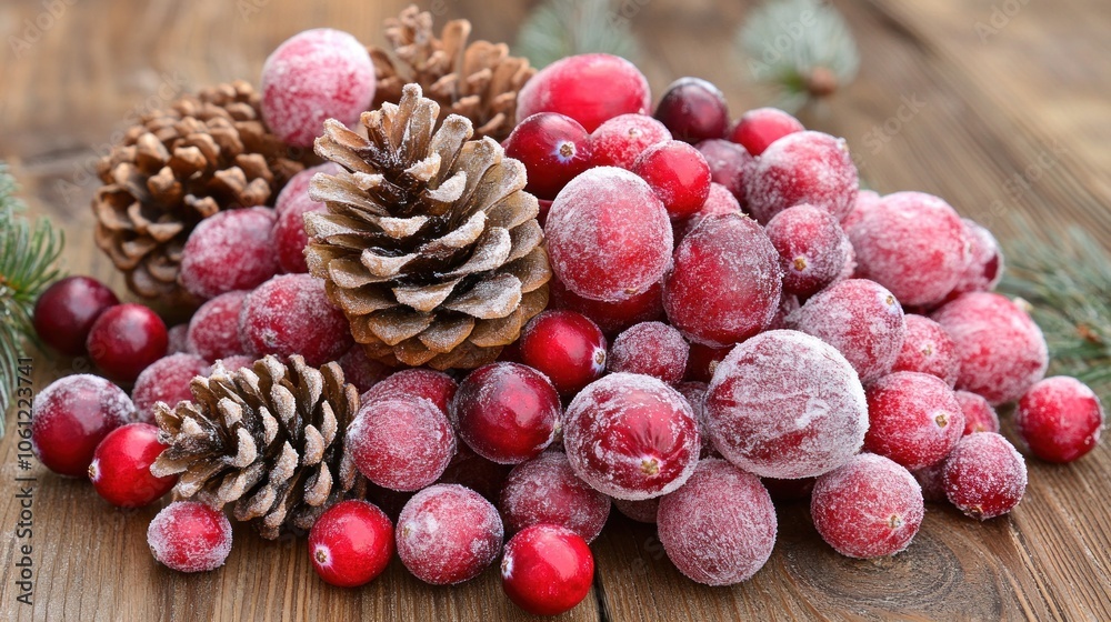 Frosted Cranberries and Pine Cones on Wooden Surface Frosted Cranberries and Pine Cones on Wooden Surface