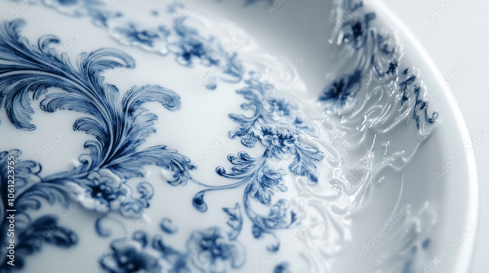 Close-up of a white ceramic plate with a blue and white floral design. Close-up of a white ceramic plate with a blue and white floral design.