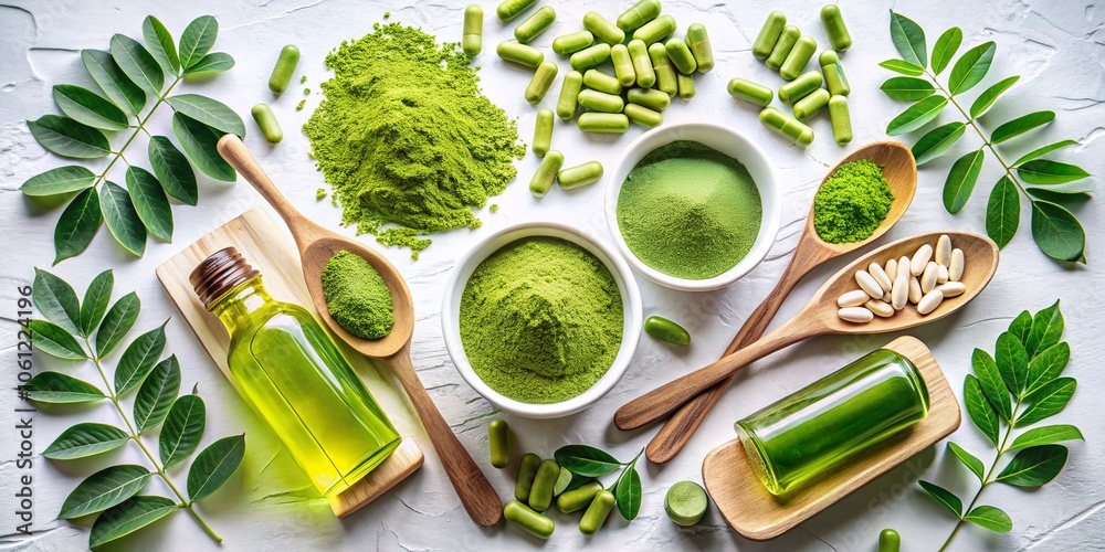 Moringa Powder, Oil, and Capsules Flat Lay - Healthy Superfood Products with Natural Ingredients for Wellness and Nutrition Moringa Powder, Oil, and Capsules Flat Lay - Healthy Superfood Products with Natural Ingredients for Wellness and Nutrition