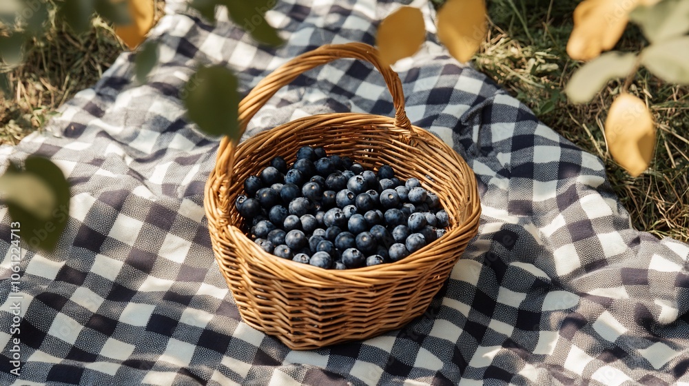 A wicker basket full of blueberries sits on a checkered picnic blanket in the grass, with leaves of a tree overhead. A wicker basket full of blueberries sits on a checkered picnic blanket in the grass, with leaves of a tree overhead.