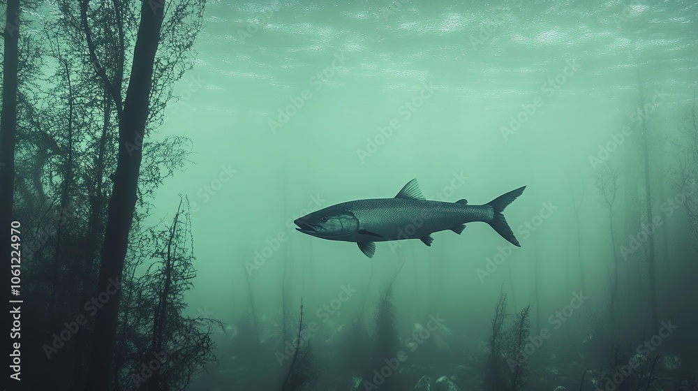 Fototapeta premium A striking image of a barracuda swimming gracefully through a misty forest, with ethereal fog enveloping the surroundings. This surreal scene captures the beauty of underwater life intertwined 