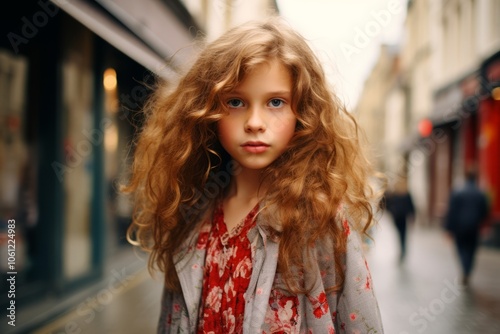 Cute little girl with long curly hair posing on the street.