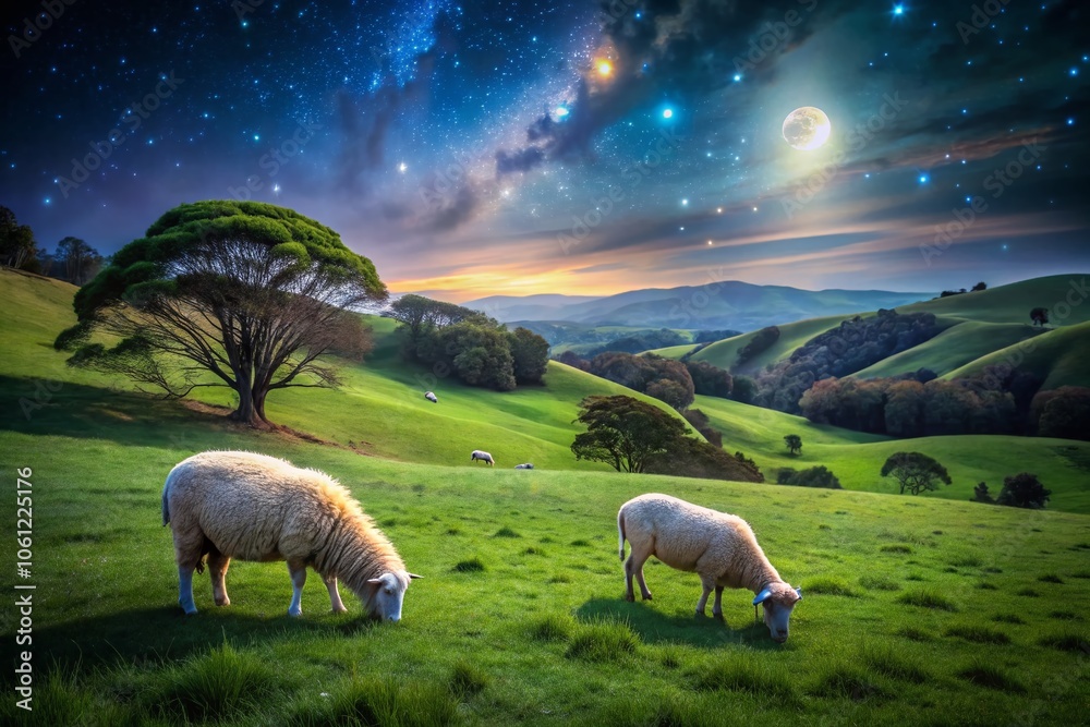 Fototapeta premium Night Photography of Two Sheep in a Lush Green Paddock Under a Starry Sky - Serene Landscape, Tranquil Nature Scene, Peaceful Livestock Setting, Rural Night View