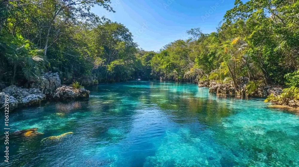 Tranquil turquoise river winding through lush tropical foliage, clear water reflecting the blue sky. Tranquil turquoise river winding through lush tropical foliage, clear water reflecting the blue sky.