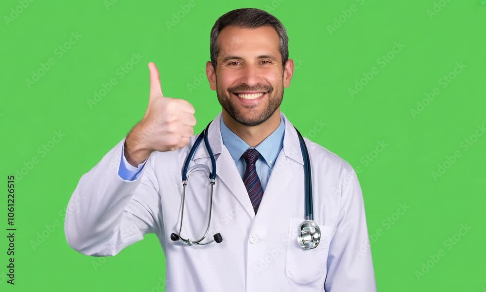 Doctor giving a thumbs-up gesture isolate on green screen background Doctor giving a thumbs-up gesture isolate on green screen background