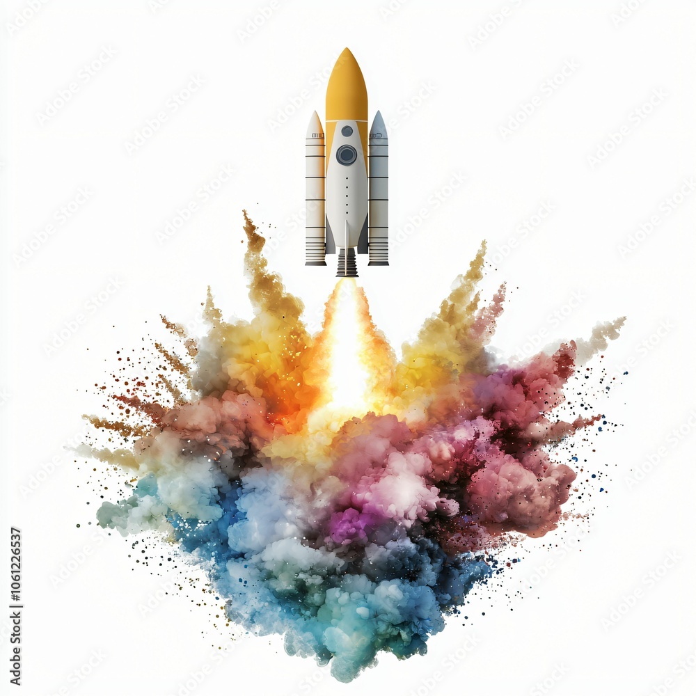 Naklejka premium A rocket launches against a vibrant explosion of colorful smoke, symbolizing innovation, exploration, and dynamic energy.