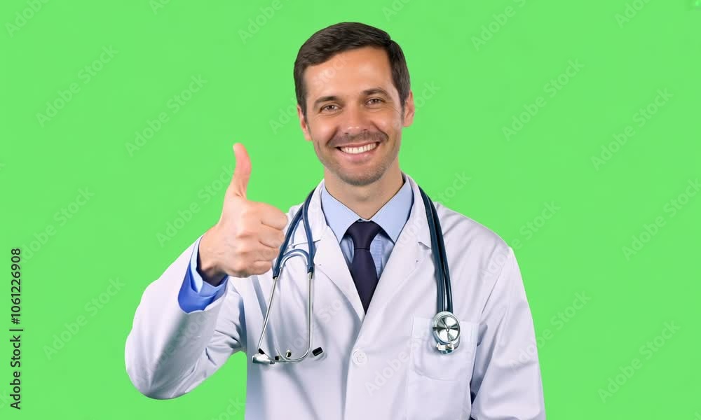 Doctor giving a thumbs-up gesture isolate on green screen background Doctor giving a thumbs-up gesture isolate on green screen background