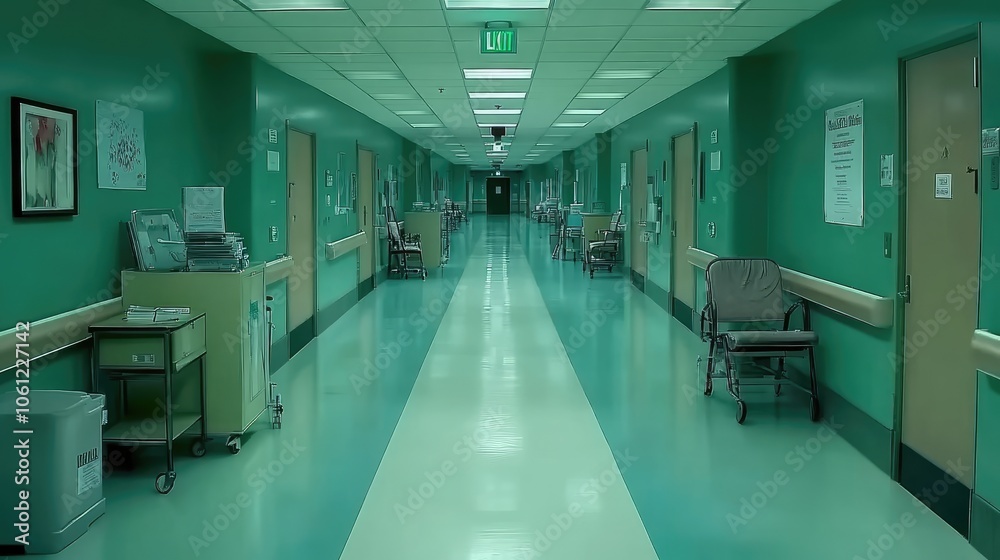 Fototapeta premium Empty Hospital Corridor with Green Walls