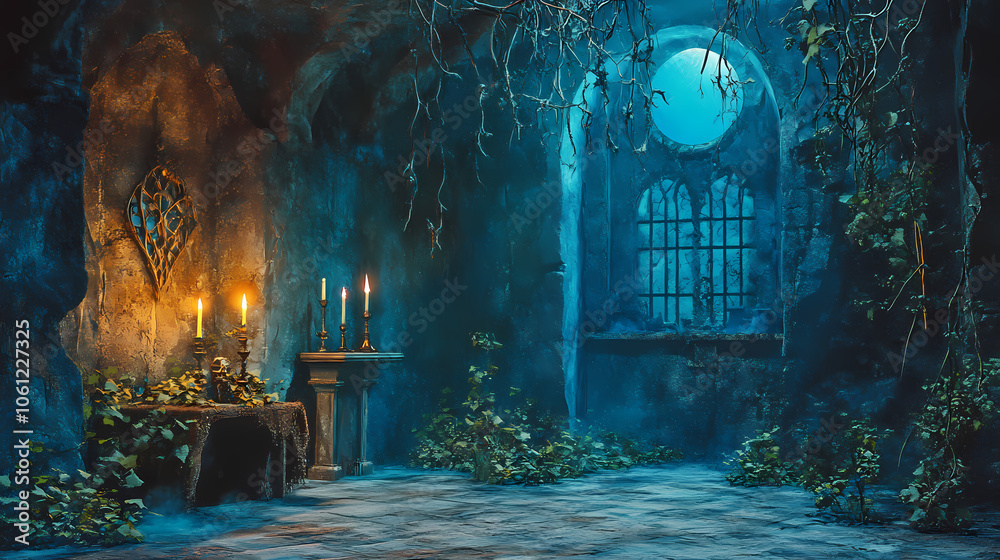 Fototapeta premium Moonlit mystique: the witch's enchanted lair. Wizards Lair. Illustration