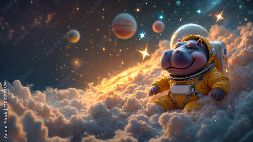 Naklejka premium A smiling hippo astronaut floating among colorful planets, stars, and clouds in a surreal.