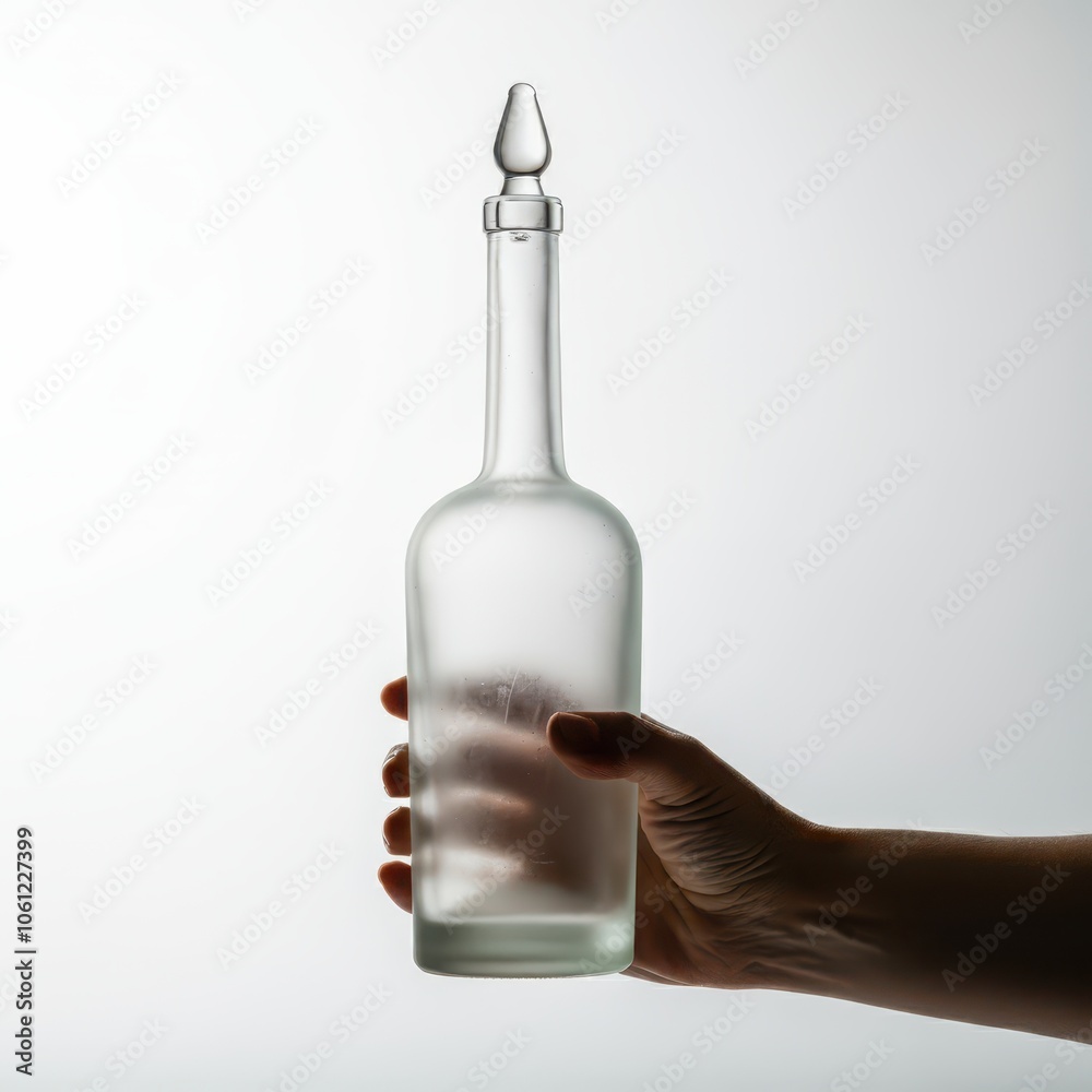 Hand of person holding glass bottle with white background Hand of person holding glass bottle with white background