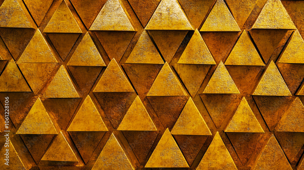 Geometric patterns of golden triangles highlighted in warm tones on a textured wall Geometric patterns of golden triangles highlighted in warm tones on a textured wall
