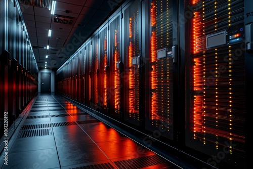 Rows of server racks glow with red lights in a modern data center. The corridor is dimly lit, creating a high-tech atmosphere as equipment operates continuously during the night.