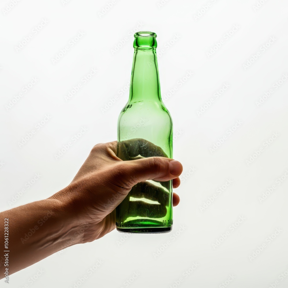 Hand of person holding glass bottle with white background Hand of person holding glass bottle with white background