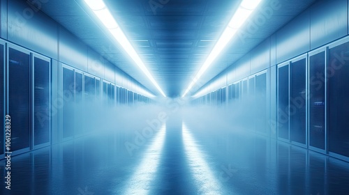 Futuristic Server Room with Fog and Blue Lighting