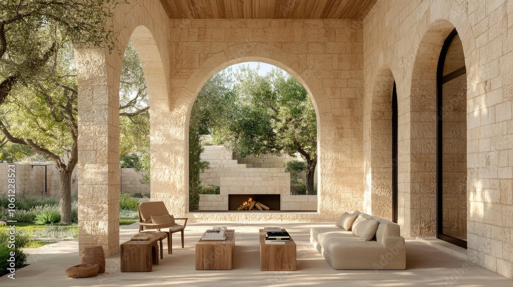 Fototapeta premium Elegant Outdoor Living Space with Arches and Soft Furnishings