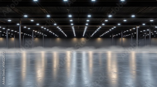 Modern Industrial Space with Reflective Floor and Lights